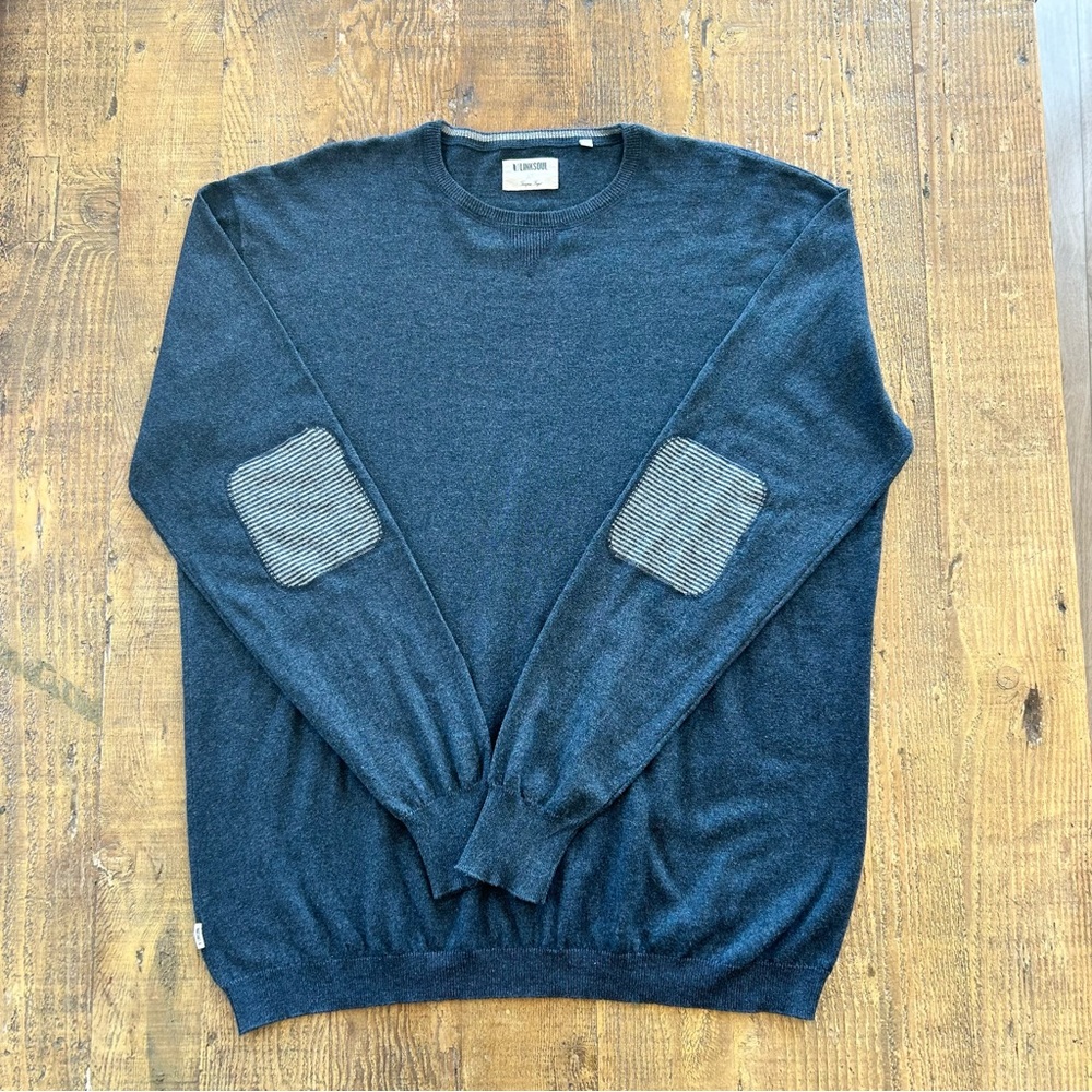 Linksoul (John Ashworth & Co.) Blue Crewneck Sweater with Striped Elbow Patches